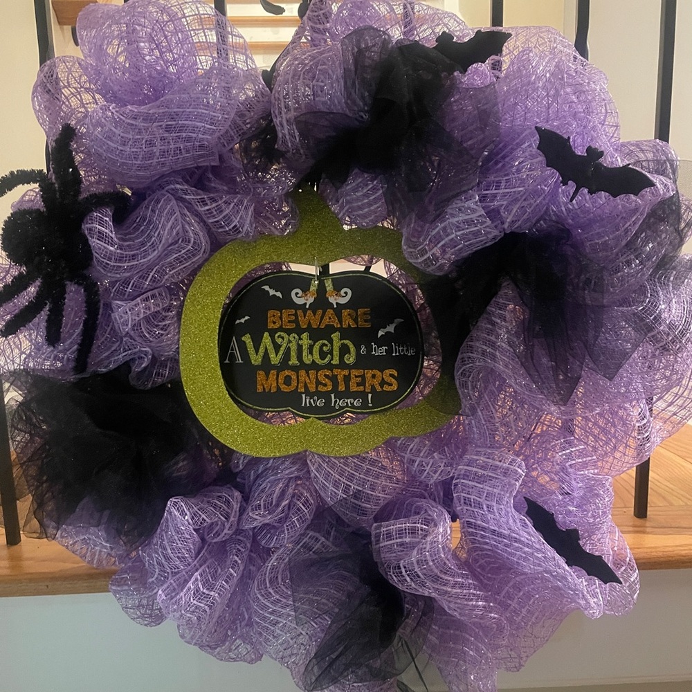 Halloween Wreath Purple Mesh Bats Spider Witch Sign 28” Custom Made